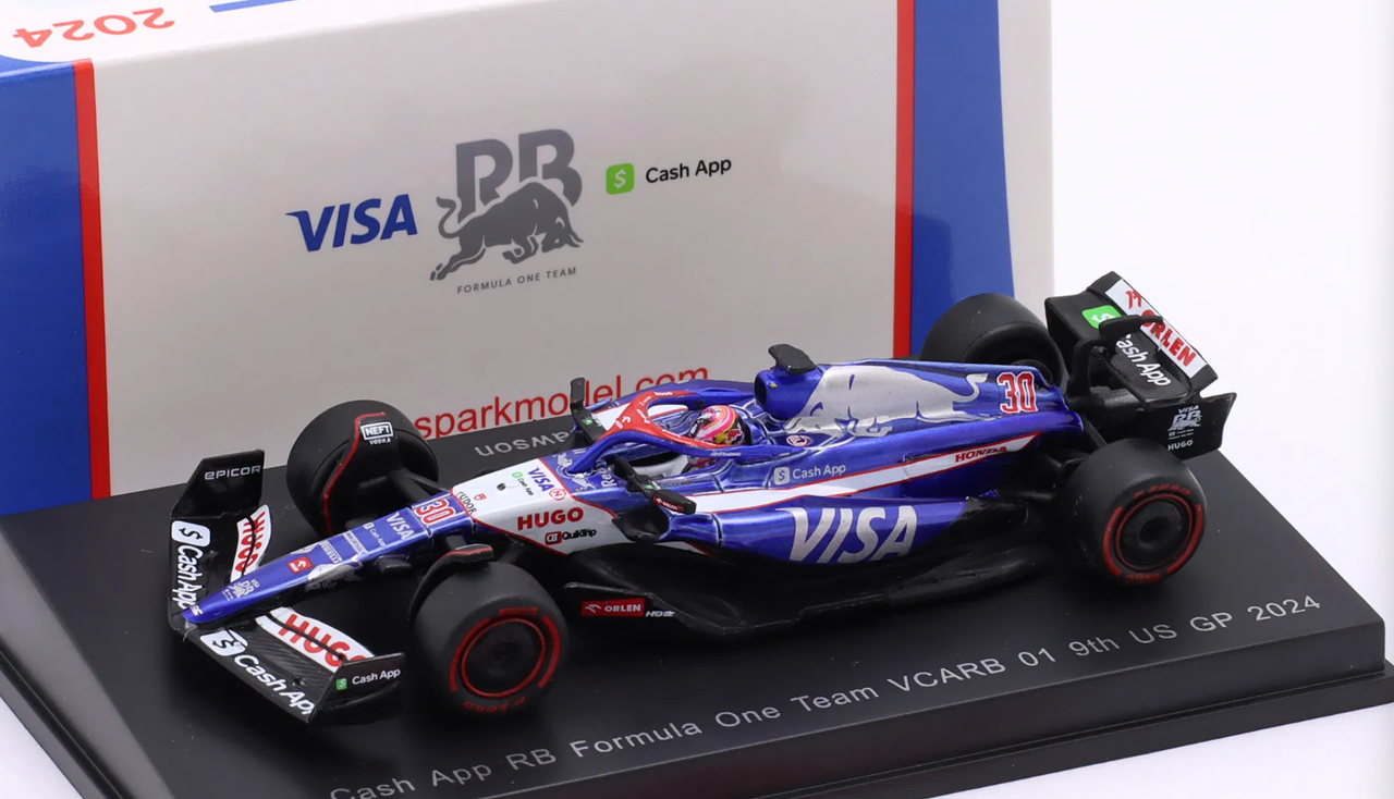 1/64 Spark 2024 Formula 1 Visa Cash App RB Formula One Team VCARB 01 #30 9th Place US GP 2024 Liam Lawson Car Model
