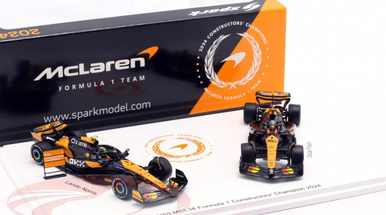 1/64 Spark Set of Two 2024 Formula 1 McLaren MCL38 #4 Lando Norris & #81 Oscar Piastri Constructor Champion F1 Car Models