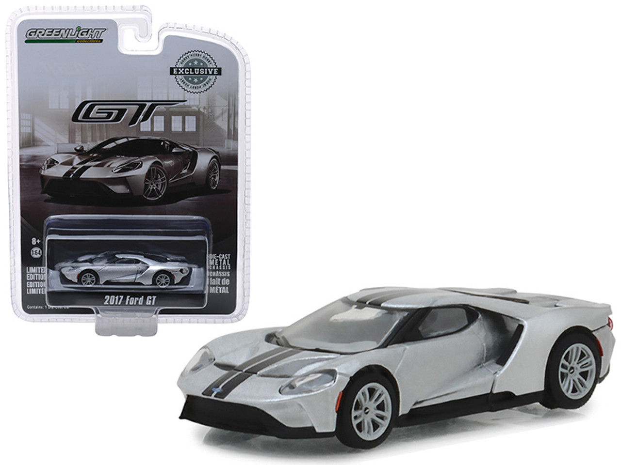 2017 Ford GT Ingot Silver with Black Stripes Hobby Exclusive 1/64 Diecast Model Car by Greenlight