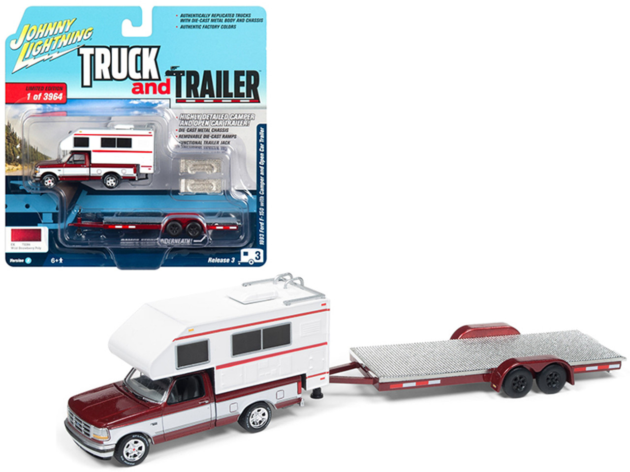 1993 Ford F-150 Red with White Camper and Chrome Open Car Trailer Limited Edition to 3,964 pieces Worldwide "Truck and Trailer" Series 3 1/64 Diecast Model Car by Johnny Lightning