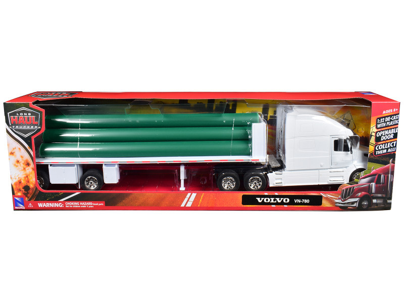 Volvo VN-780 Truck with Flatbed Trailer and Long Pipes White 