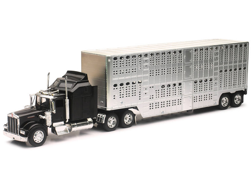 Kenworth W900 Truck Black with Pot Belly Livestock Chrome 
