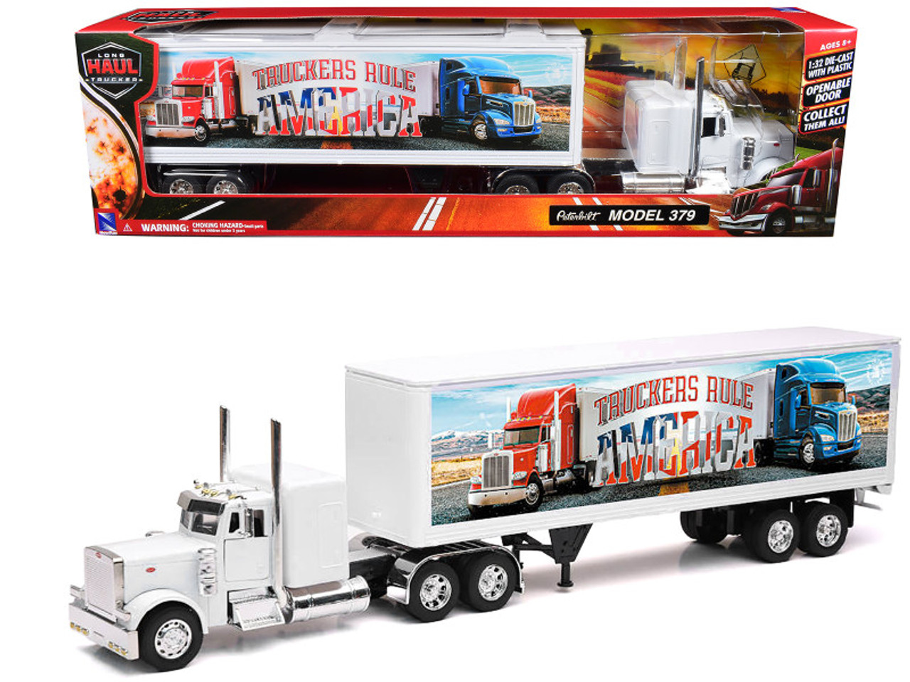 Peterbilt 379 Truck White with Dry Van Trailer 