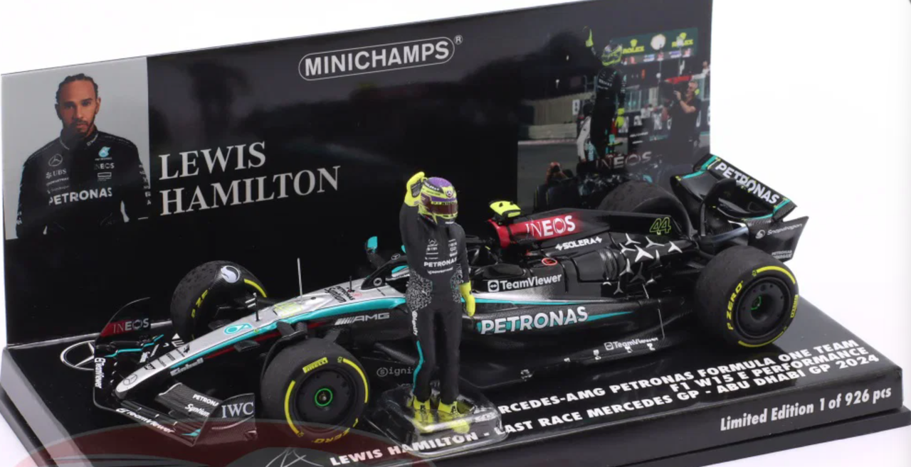 1/43 Minichamps 2024 Formula 1 Mercedes-AMG Petronas F1 Team F1 W15 E Performance Lewis Hamilton #44 Last Mercedes Race Abu Dhabi GP Car Model with Figure