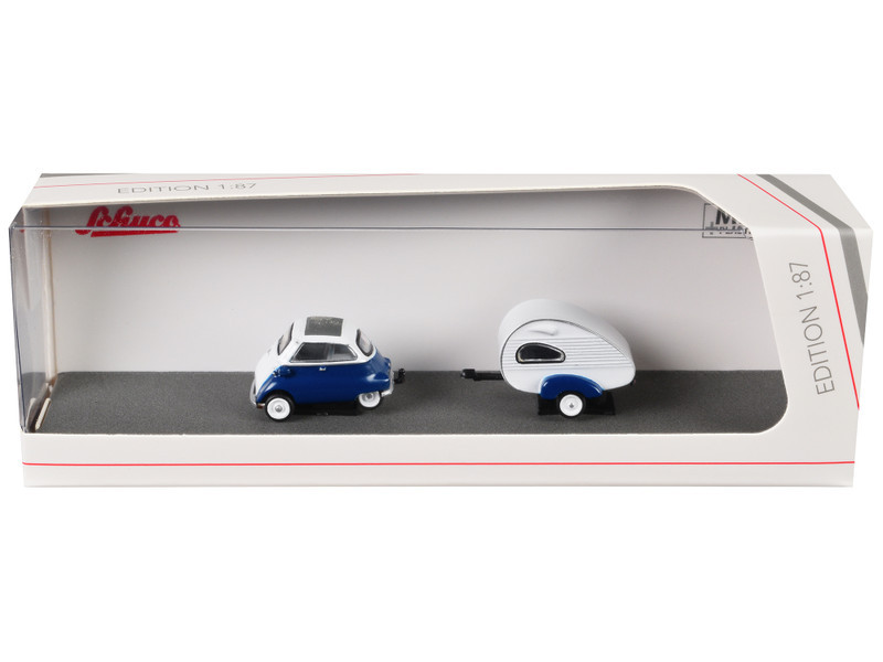 BMW Isetta Blue and White with Home Trailer 1/87 (HO) Diecast