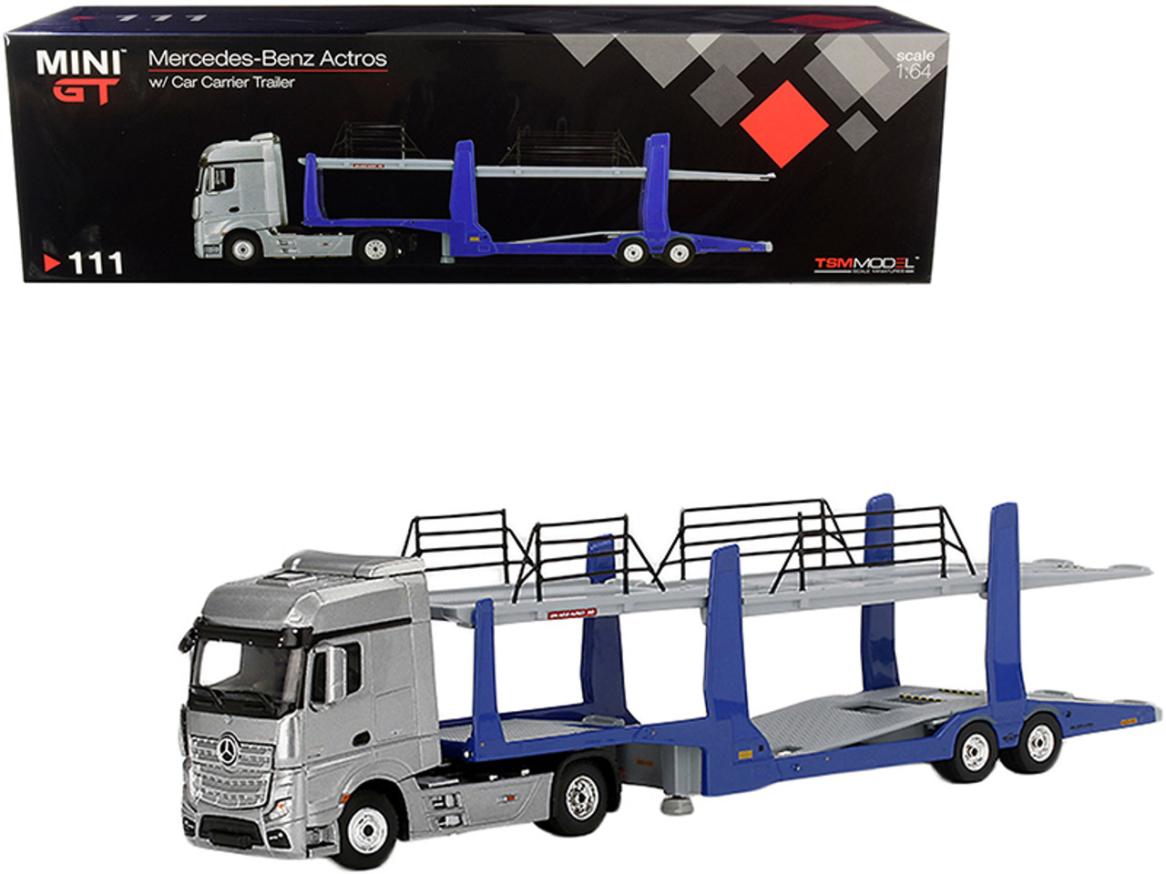 Mercedes Benz Actros Silver with Blue Car Carrier Trailer Car Transporter 1/64 Diecast Model by True Scale Miniatures
