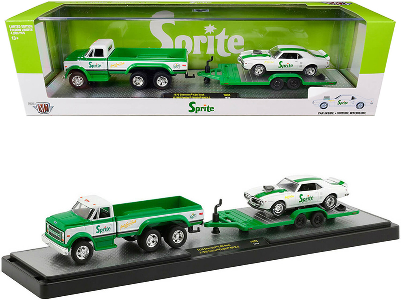 1970 Chevrolet C60 Pickup Truck Custom Green and White with Trailer and 1968 Pontiac Firebird 400 H.O. White with Green Stripes "Sprite" Set Limited Edition to 4,000 pieces Worldwide 1/64 Diecast Models by M2 Machines