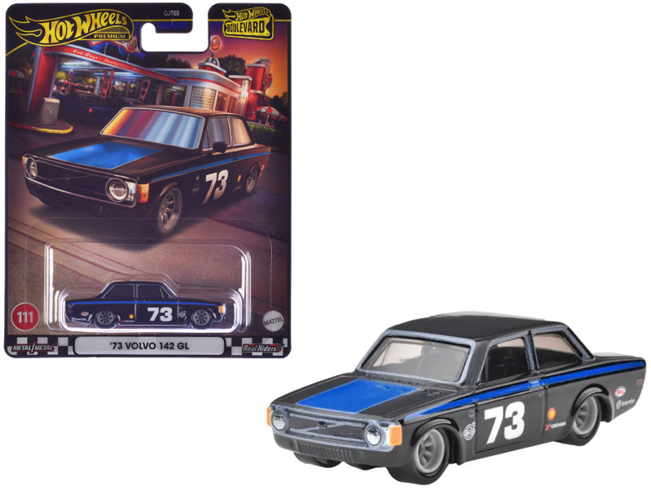 1973 Volvo 142 GL #73 Black with Blue Stripes and Hood "Boulevard" Series Diecast Model Car by Hot Wheels