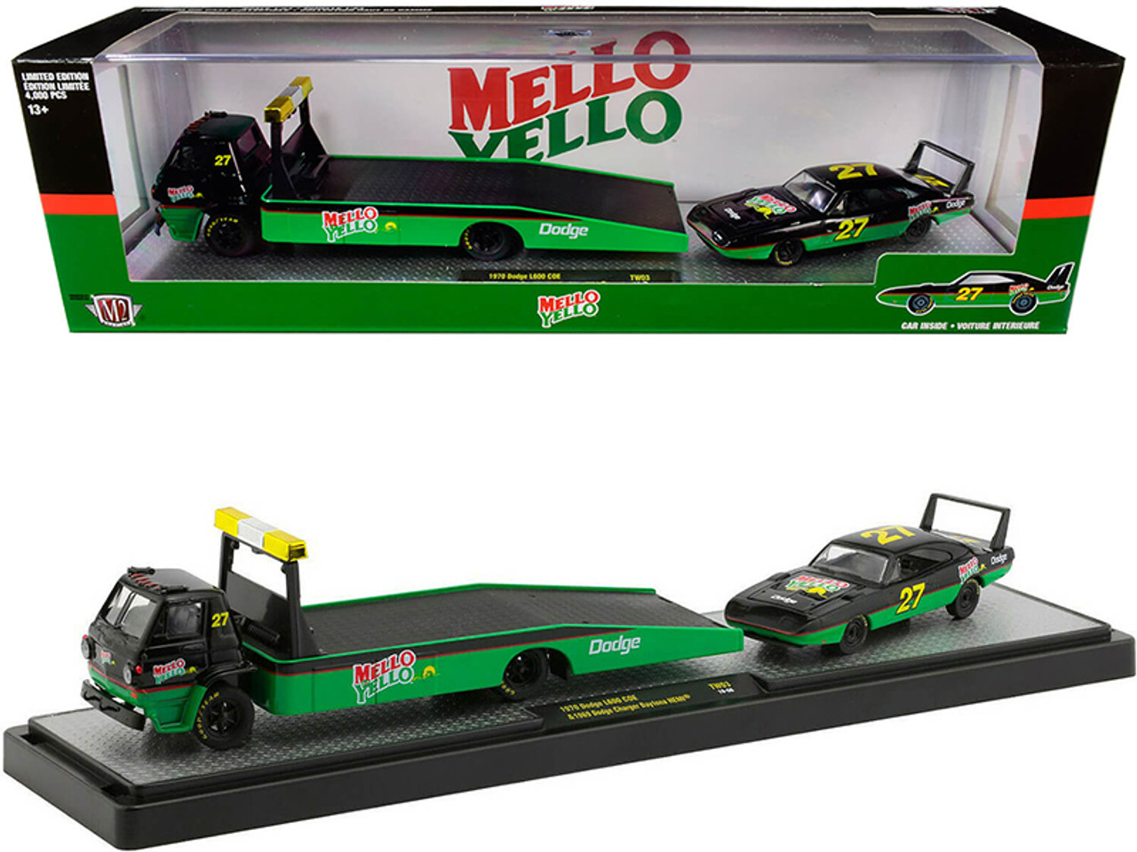 1970 Dodge L600 Flatbed Truck #27 and 1969 Dodge Charger Daytona HEMI #27 Green and Black with Red Stripes "Mello Yello" Set Limited Edition to 4,000 pieces Worldwide 1/64 Diecast Models by M2 Machines