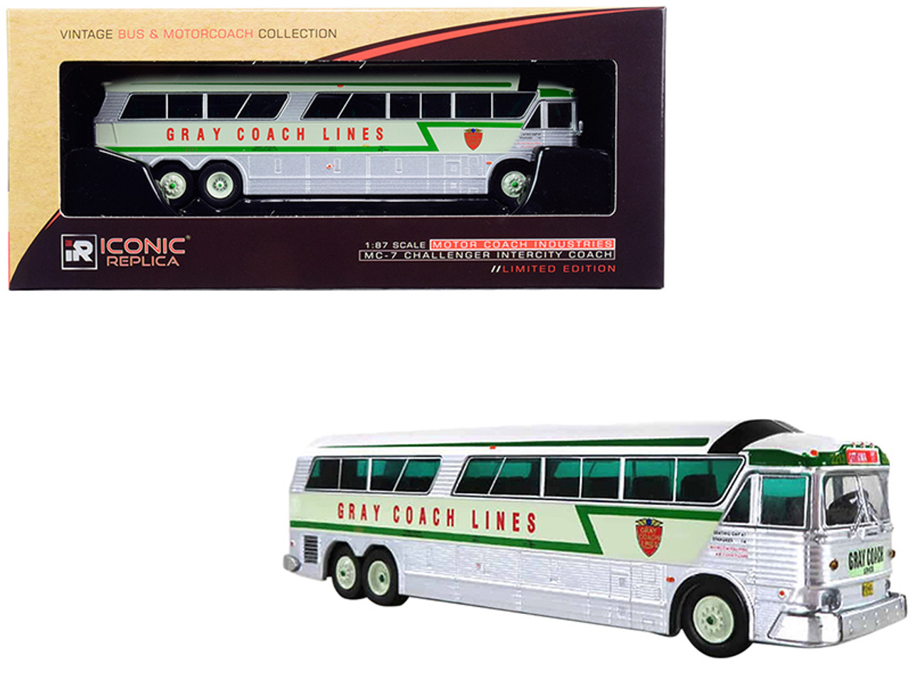 1970 MCI MC-7 Challenger Intercity Motorcoach "Gray Coach Lines" "Destination: Ottawa" (Canada) Green and Silver "Vintage Bus & Motorcoach Collection" 1/87 (HO) Diecast Model by Iconic Replicas