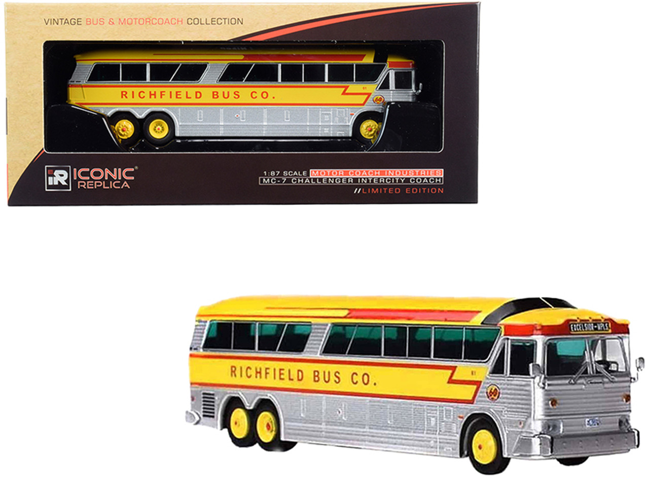 1970 MCI MC-7 Challenger Intercity Motorcoach "Richfield Bus Co." "Excelsior - Minneapolis" (Minnesota, U.S.A.) Silver and Yellow "Vintage Bus & Motorcoach Collection" 1/87 (HO) Diecast Model by Iconic Replicas