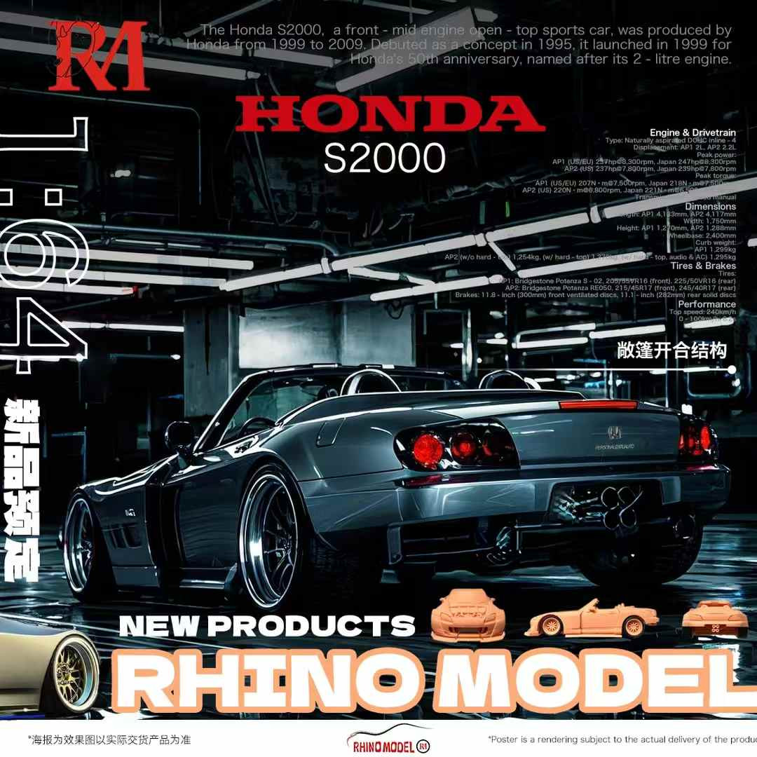 1/64 Rhino Model Honda S2000 Widebody (Silver) Diecast Car Model