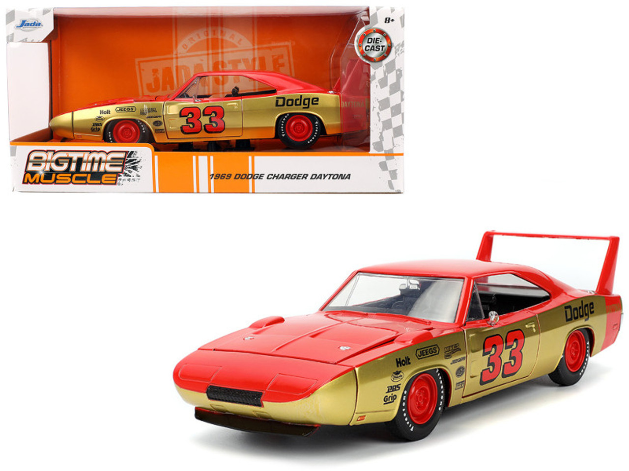 1969 Dodge Charger Daytona #33 Red and Gold Metallic with Graphics "Bigtime Muscle" Series 1/24 Diecast Model Car by Jada 1969 Dodge Charger Daytona #33 Red and Gold Metallic with Graphics "Bigtime Muscle" Series 1/24 Diecast Model Car by Jada