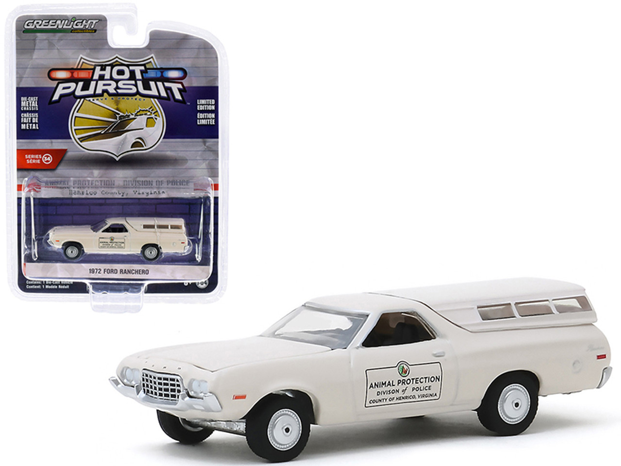 1972 Ford Ranchero with Canopy Cream "Animal Protection Division of Police" (Henrico County, Virginia) "Hot Pursuit" Series 34 1/64 Diecast Model Car by Greenlight