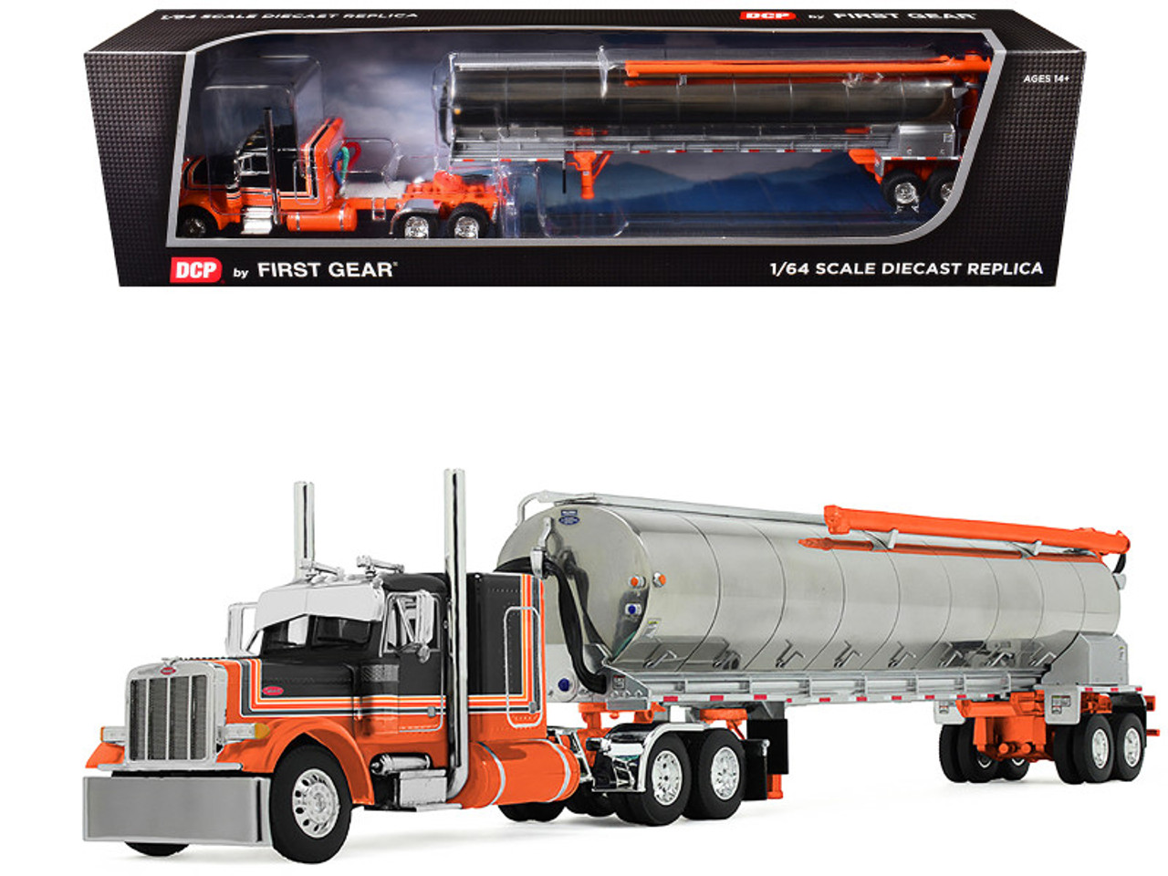 1/64 First Gear Peterbilt Model 379 with 48" Flat Top Sleeper & Walinga Bulk Feed Trailer (Orange & Black) Diecast Car Model