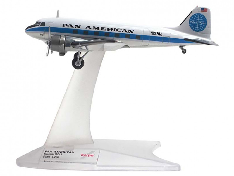 Douglas DC-3 Commercial Aircraft "Pan American World Airways" (N19912) White with Blue Stripes 1/200 Diecast Model Airplane by Herpa