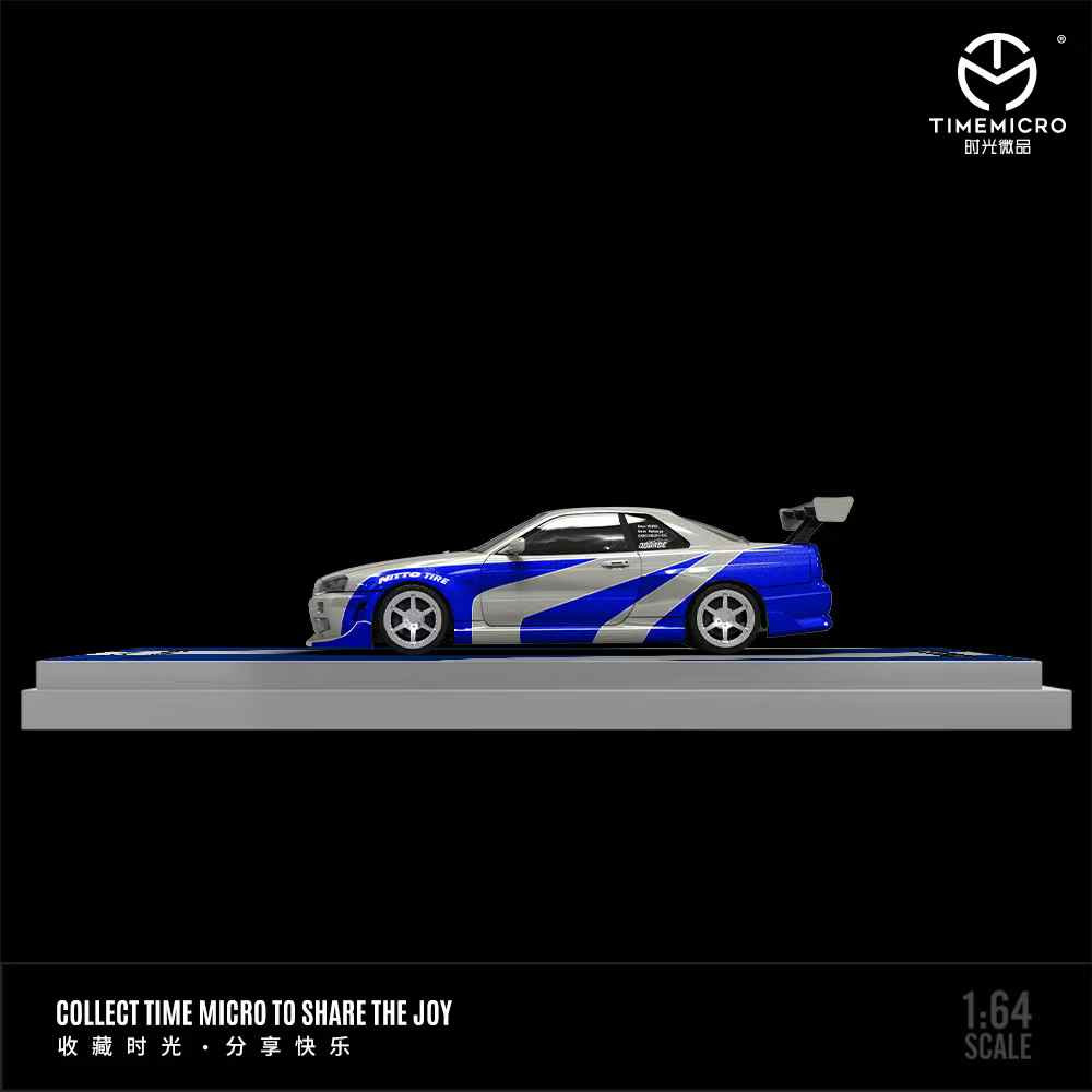1/64 TimeMicro Nissan Skyline GT-R GTR R34 (Silver & Blue) Diecast