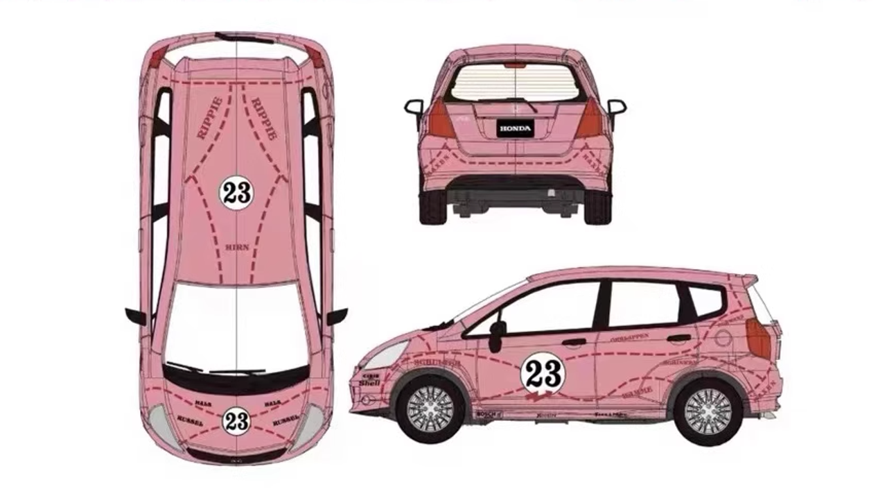 1/64 Shadow Pro Mercedes-Benz Actros Double Level Trailer with Honda Fit #23 Pink Pig Diecast Car Model