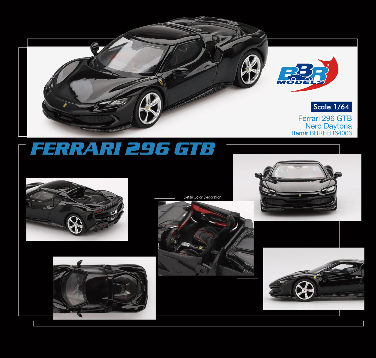 1/64 BBR Ferrari 296 GTB (Nero Daytona Black) Car Model