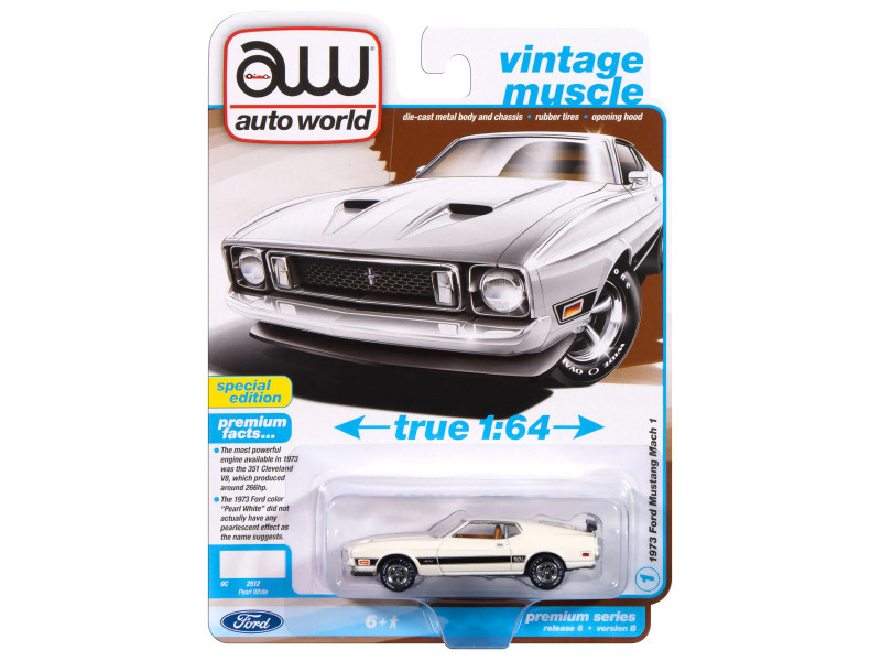 1973 Ford Mustang Mach 1 Pearl White with Black Stripes 