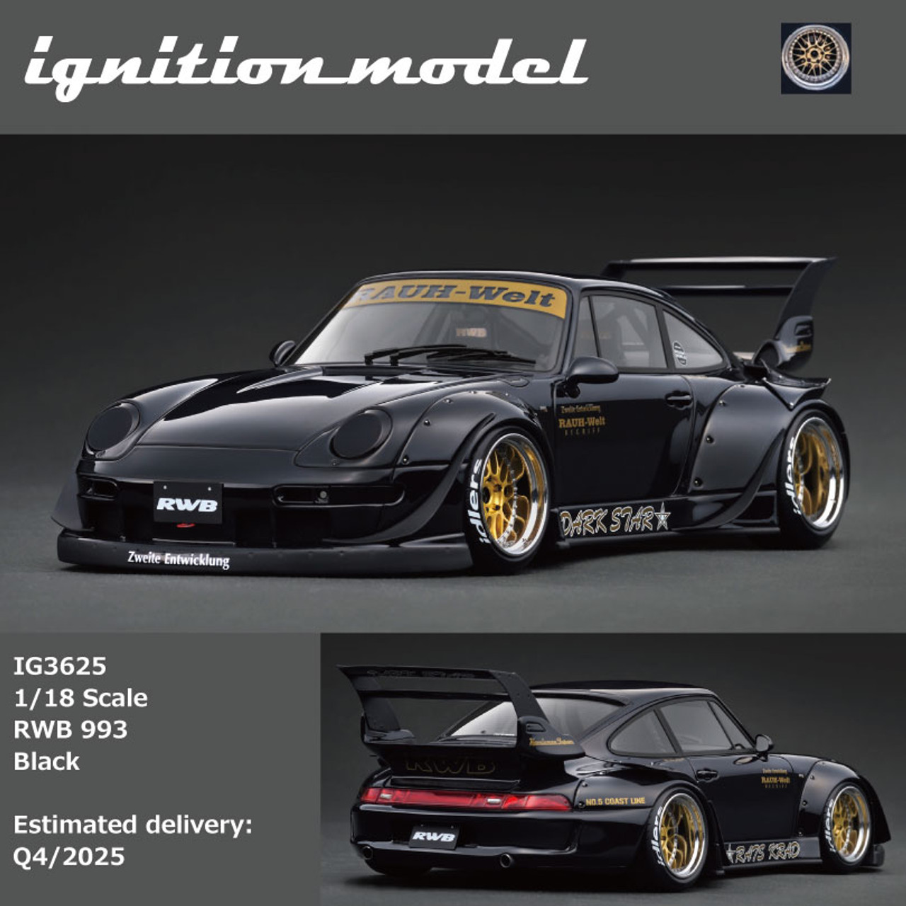 【ignition model】Porsche RWB993MatteBlack PREORDER* Ignition Model 1:18 Porsche 993 RWB in Black