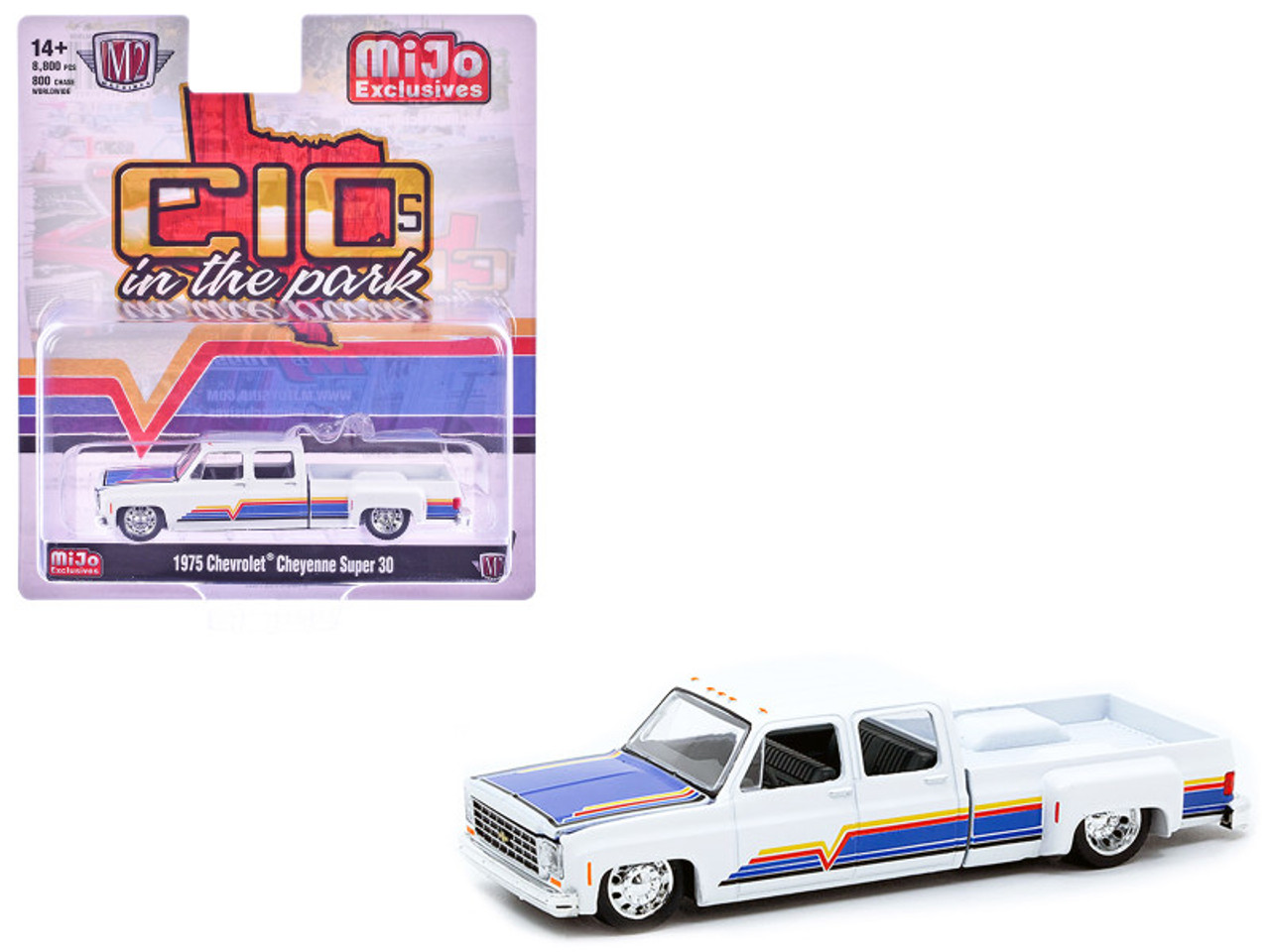 1/64 M2 Machines 1975 Chevrolet Cheyenne Super 30 Dually “C10s In The Park” (White) Diecast Car Model 1/64 M2 Machines 1975 Chevrolet Cheyenne Super 30 Dually “C10s In The Park” (White) Diecast Car Model