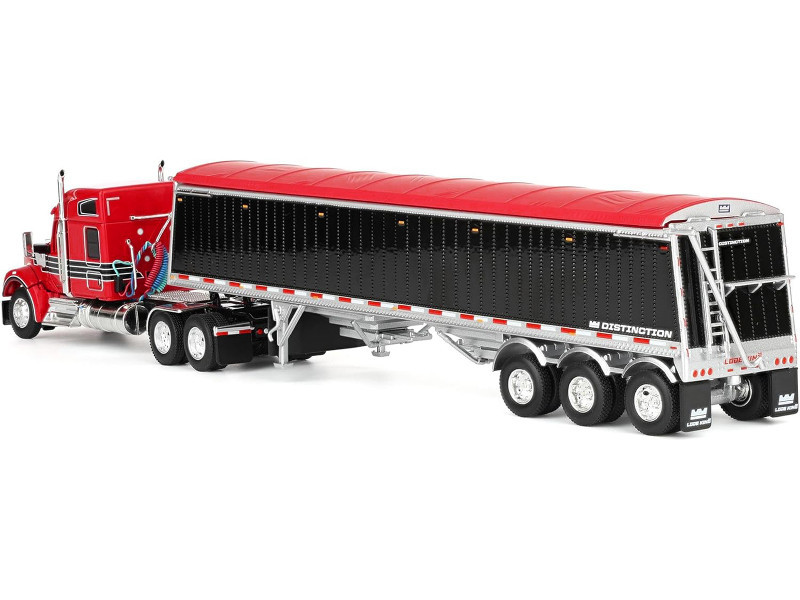 1/64 First Gear Kenworth W990 with 76" Mid-Roof Sleeper & Lode King Distinction Hooper Trailer (Red) Diecast Car Model