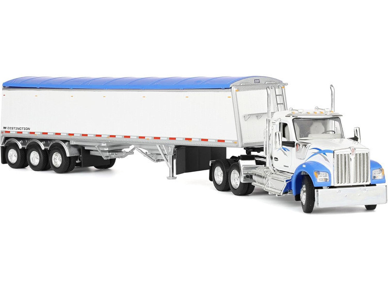 1/64 First Gear Kenworth W990 Day Cab & Lode King Distinction Hopper Trailer (White & Blue) Diecast Car Model