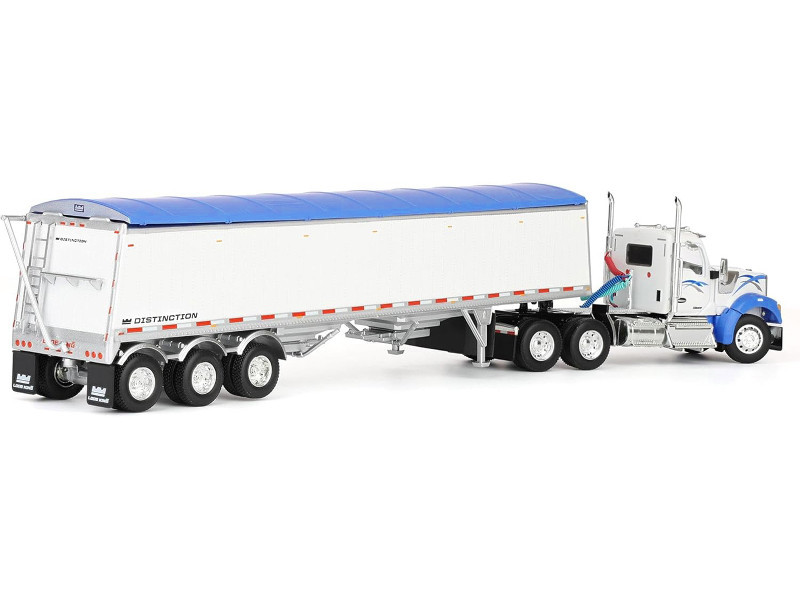 1/64 First Gear Kenworth W990 Day Cab & Lode King Distinction Hopper Trailer (White & Blue) Diecast Car Model