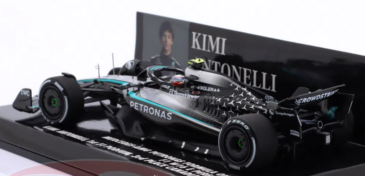 1/43 Minichamps 2025 Formula 1 Mercedes-AMG Petronas F1 Team W16 E Performance 3rd Place Canada GP Andrea Kimi Antonelli Car Model