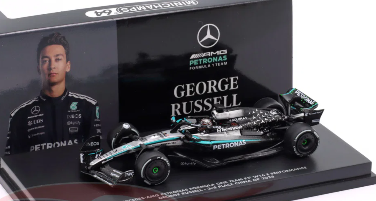 1/64 Minichamps Mercedes-AMG Petronas F1 W16 E Performance #63 George Russell 3rd Place China GP Diecast Car Model