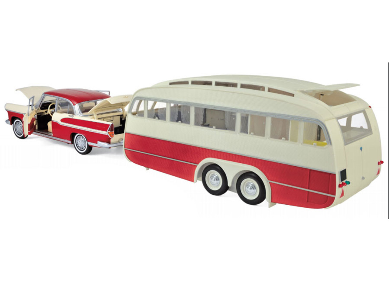 1958 Simca Vedette Chambord and Caravane Henon Travel Trailer Cardinal Red and Ivory Set of 2 pieces 1/18 Diecast Model Car by Norev