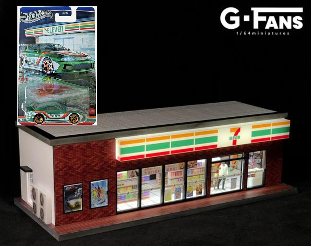 1/64 G-Fans 711 7-Eleven 7-11 Diorama with LED with 1/64 Hot Wheels Toyota Supra 7/11 Seven Eleven Exclusive Combo Set