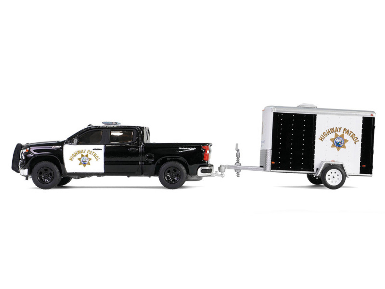 2023 Chevrolet Silverado Pickup Truck "California Highway Patrol" Black and White with Small Cargo Trailer "Hot Pursuit Hitch & Tow" Series 1 1/64 Diecast Model Cars by Greenlight