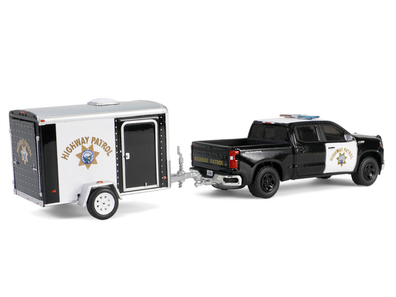 2023 Chevrolet Silverado Pickup Truck "California Highway Patrol" Black and White with Small Cargo Trailer "Hot Pursuit Hitch & Tow" Series 1 1/64 Diecast Model Cars by Greenlight