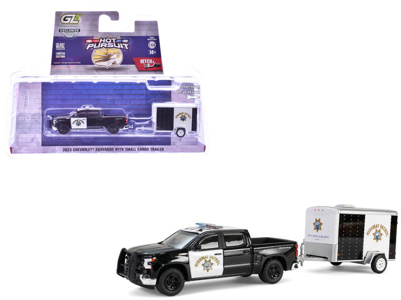 2023 Chevrolet Silverado Pickup Truck "California Highway Patrol" Black and White with Small Cargo Trailer "Hot Pursuit Hitch & Tow" Series 1 1/64 Diecast Model Cars by Greenlight