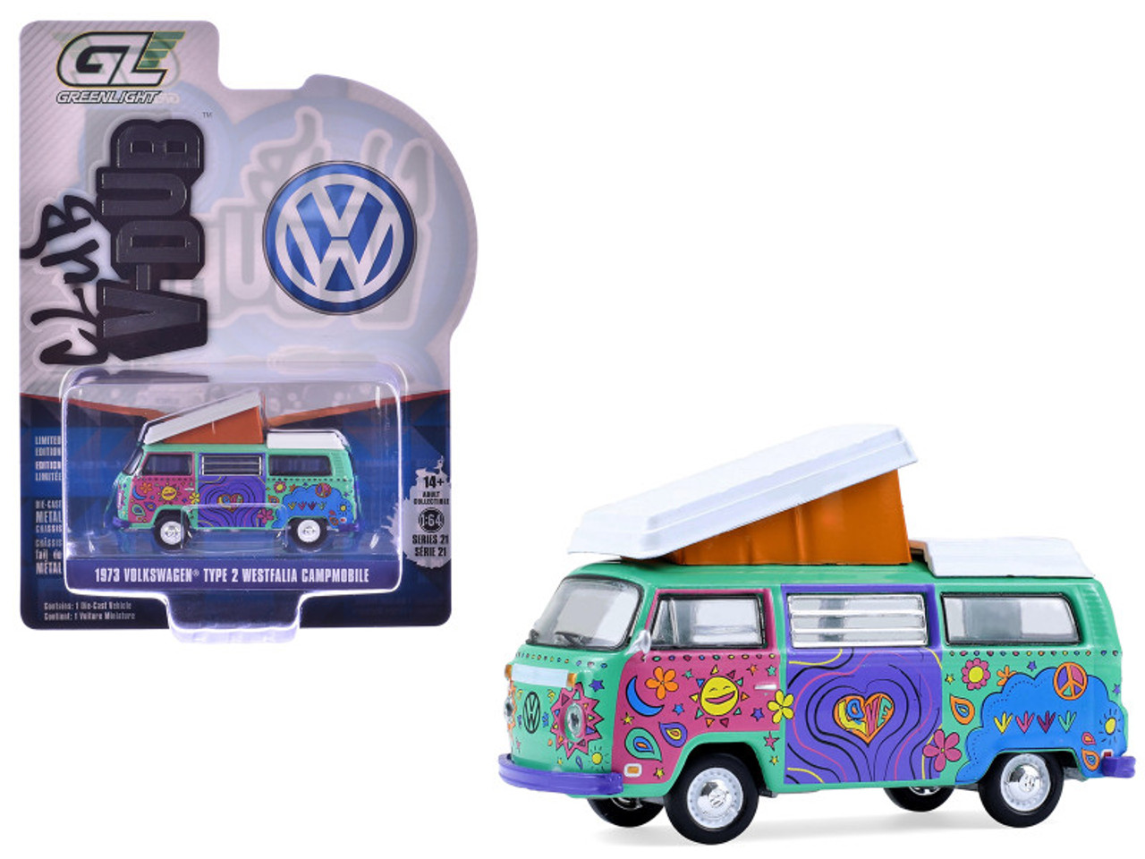 1973 Volkswagen Type 2 Westfalia Campmobile "Music Festival Van" Green with White Top and Graphics "Club Vee-Dub" Series 21 1/64 Diecast Model Car by Greenlight 1973 Volkswagen Type 2 Westfalia Campmobile "Music Festival Van" Green with White Top and Graphics "Club Vee-Dub" Series 21 1/64 Diecast Model Car by Greenlight