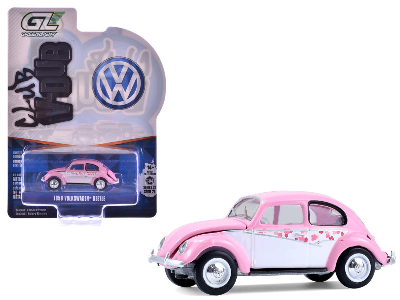 1950 Volkswagen Beetle "Botanical Beetle" Pink and White with Graphics "Club Vee-Dub" Series 21 1/64 Diecast Model Car by Greenlight