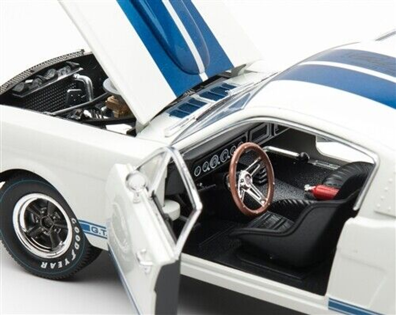 1/18 Shelby Collectibles 1965 Ford Mustang Shelby GT350R (White with Blue Stripes and Printed Carroll Shelby's Signature on the Roof) Diecast Car Model