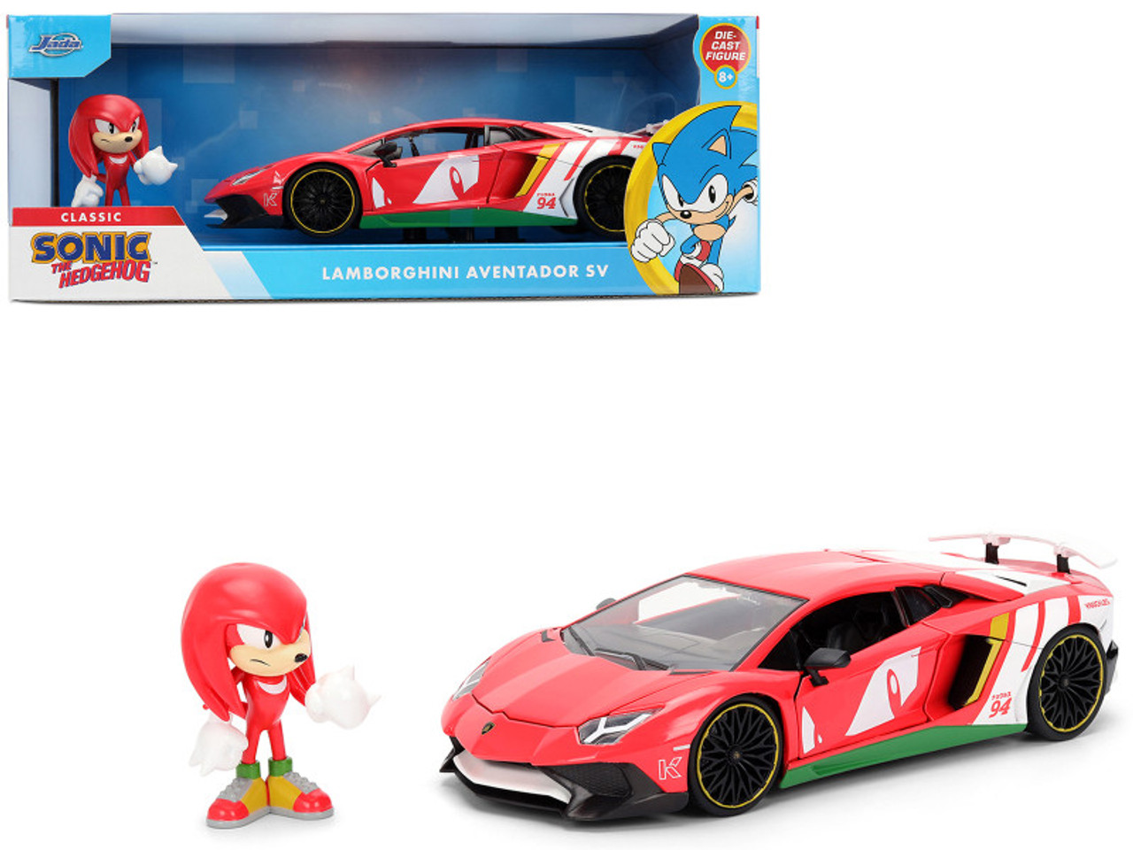 Lamborghini Aventador SV Red with Graphics and Knuckles Diecast Figure "Sonic The Hedgehog" Franchise "Hollywood Rides" Series 1/24 Diecast Model by Jada Lamborghini Aventador SV Red with Graphics and Knuckles Diecast Figure "Sonic The Hedgehog" Franchise "Hollywood Rides" Series 1/24 Diecast Model by Jada