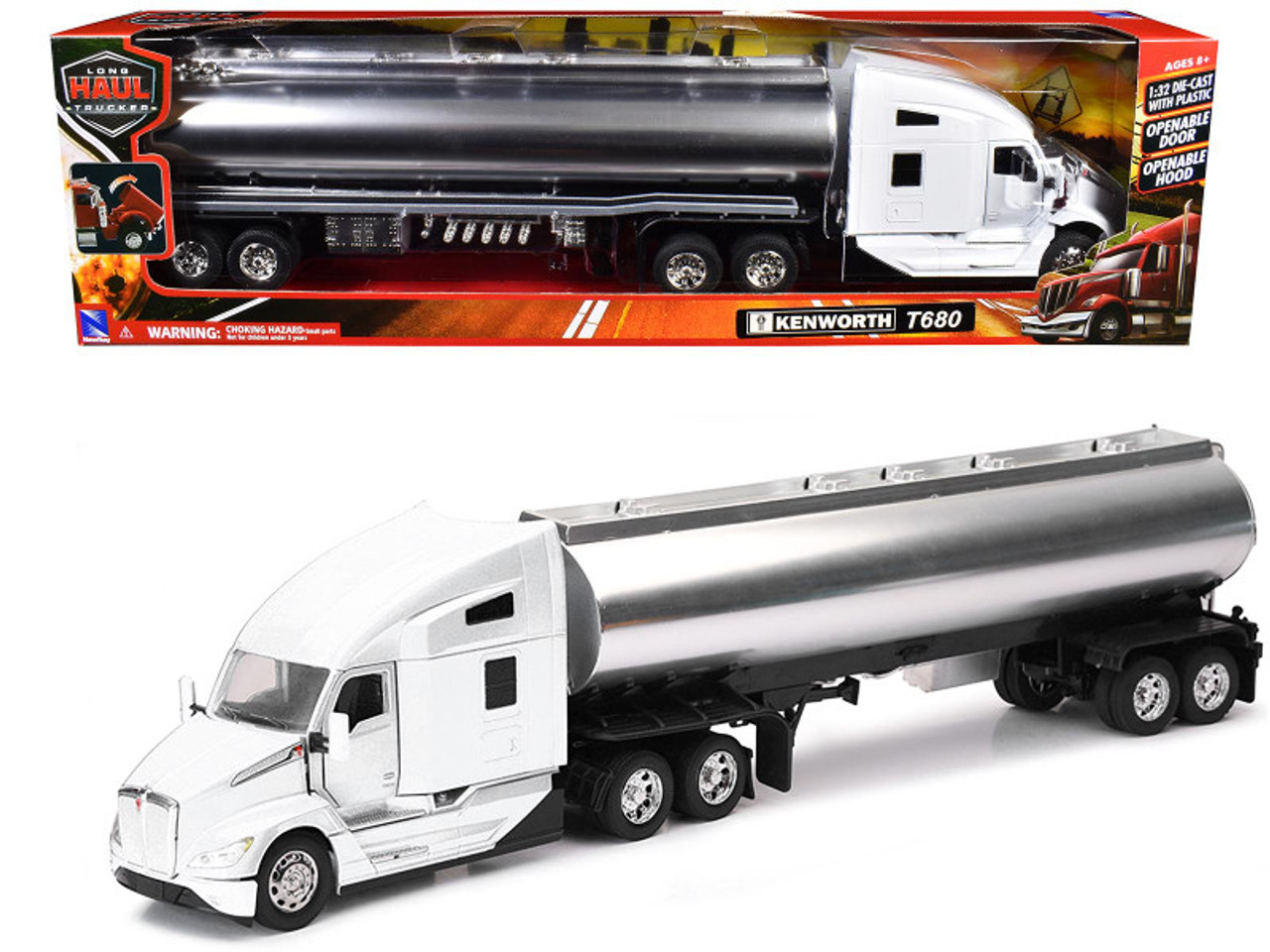 Kenworth T680 Truck White with Oil Tanker Trailer Chrome "Long Haul Trucker" Series 1/32 Diecast Model by New Ray