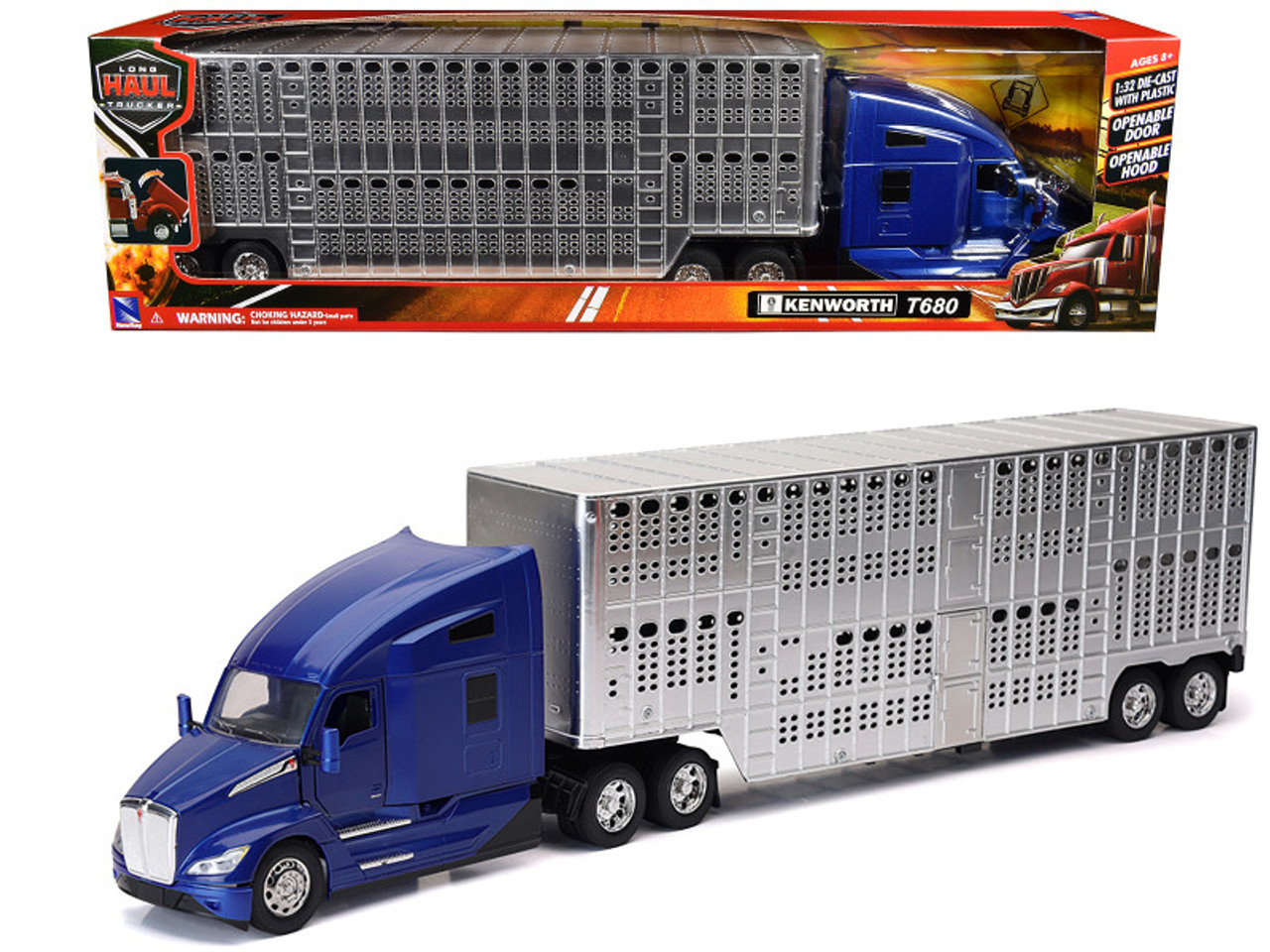 Kenworth T680 Truck Blue Metallic with Livestock Trailer Chrome "Long Haul Trucker" Series 1/32 Diecast Model by New Ray