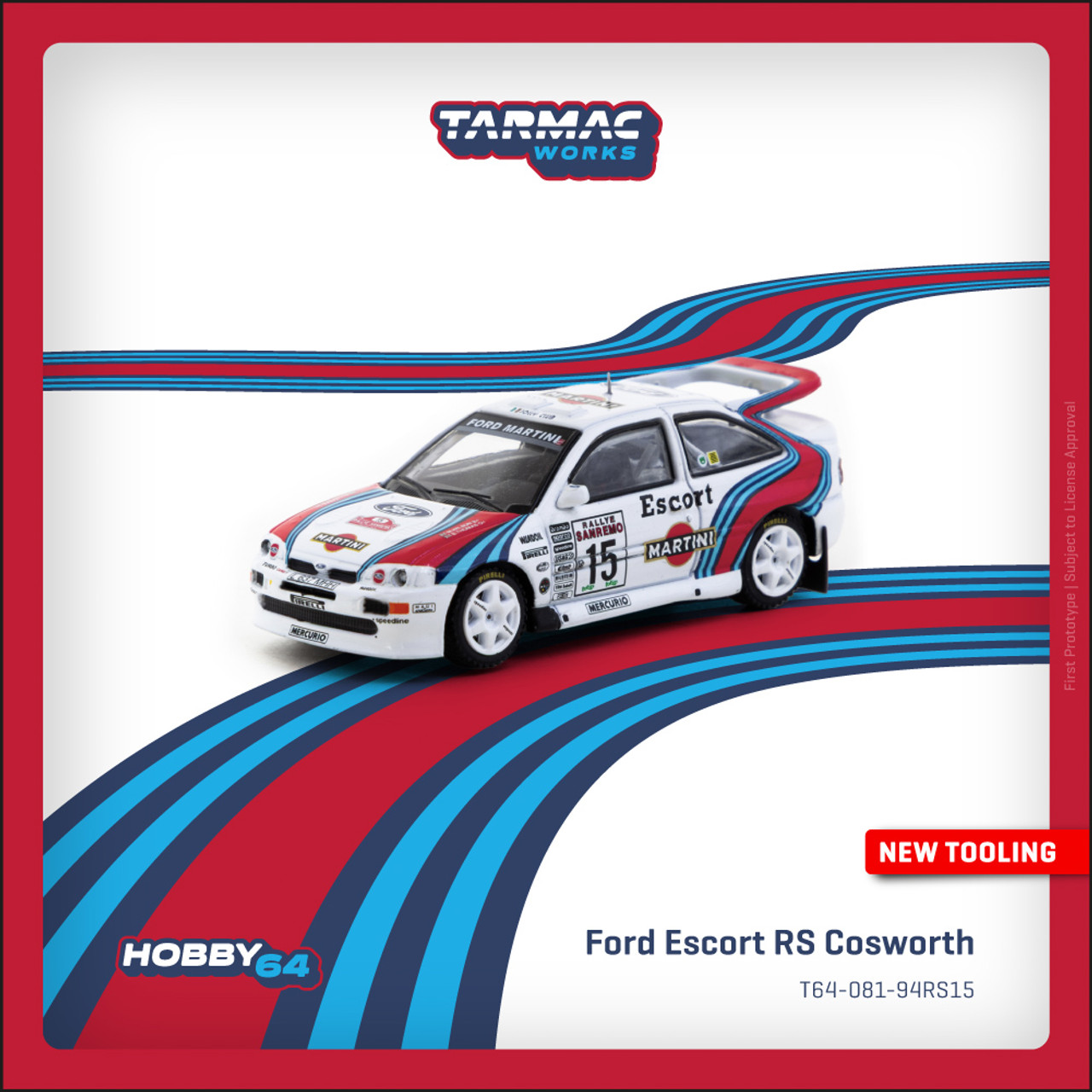 1/64 Tarmac Works 1994 Ford Escort RS Cosworth WRC Rallye Sanremo Malcolm Wilson, Bryan Thomas Diecast Car Model
