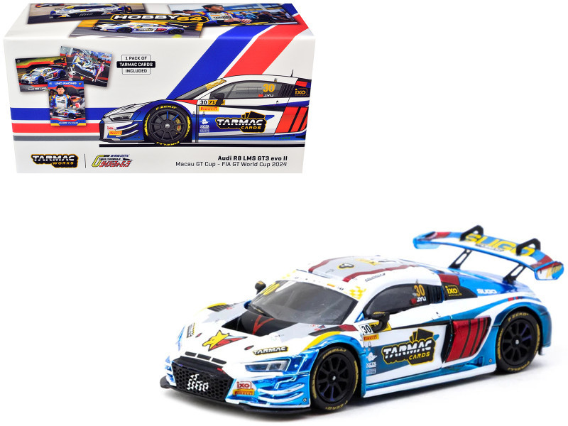 1/64 Tarmac Works 2024 Audi R8 LMS GT3 Evo II Macau GT Cup FIA GT World Cup Uno Racing James Yu Diecast Car Model with 1 Pack Trading Cards Combo Set