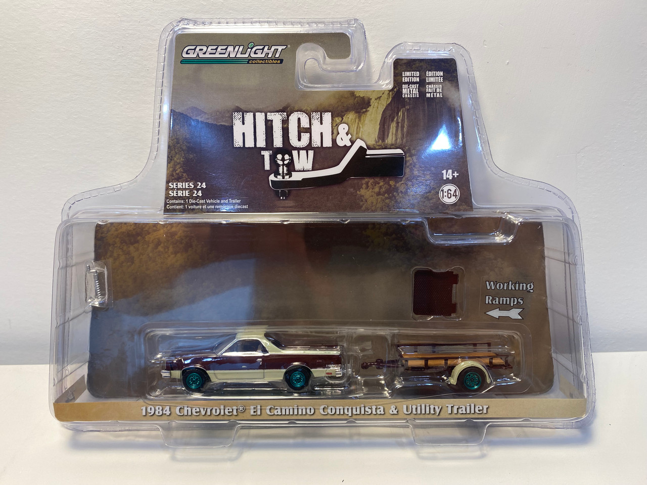 CHASE 1/64 Greenlight 1984 Chevrolet El Camino Conquista Maroon Metallic and Beige with Utility Trailer "Hitch & Tow" Series 24 Diecast Car Model