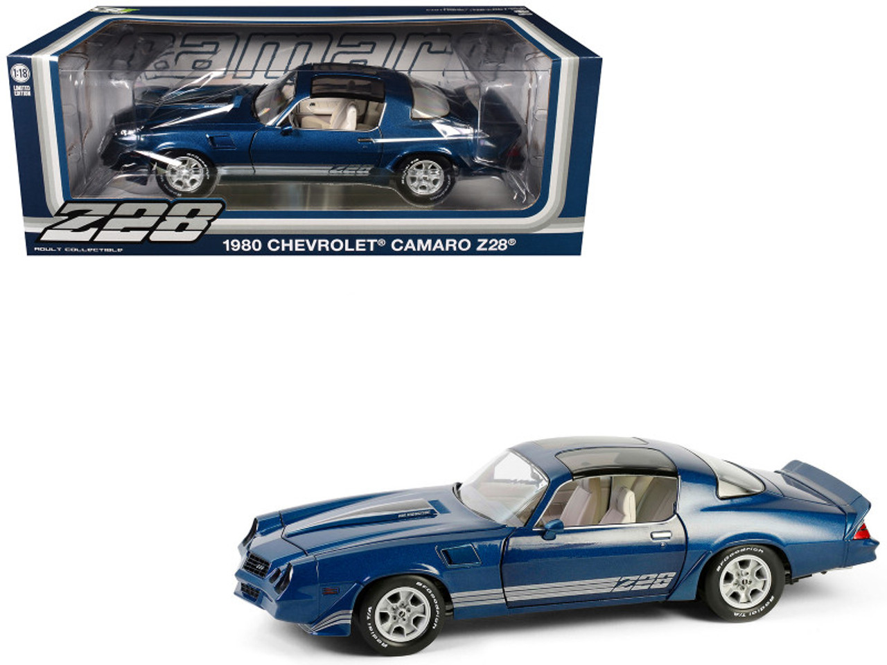 1980 Chevrolet Camaro Z28 with T-Tops Dark Blue Metallic with Stripes and Light Gray Interior 1/18 Diecast Model Car by Greenlight 1980 Chevrolet Camaro Z28 with T-Tops Dark Blue Metallic with Stripes and Light Gray Interior 1/18 Diecast Model Car by Greenlight
