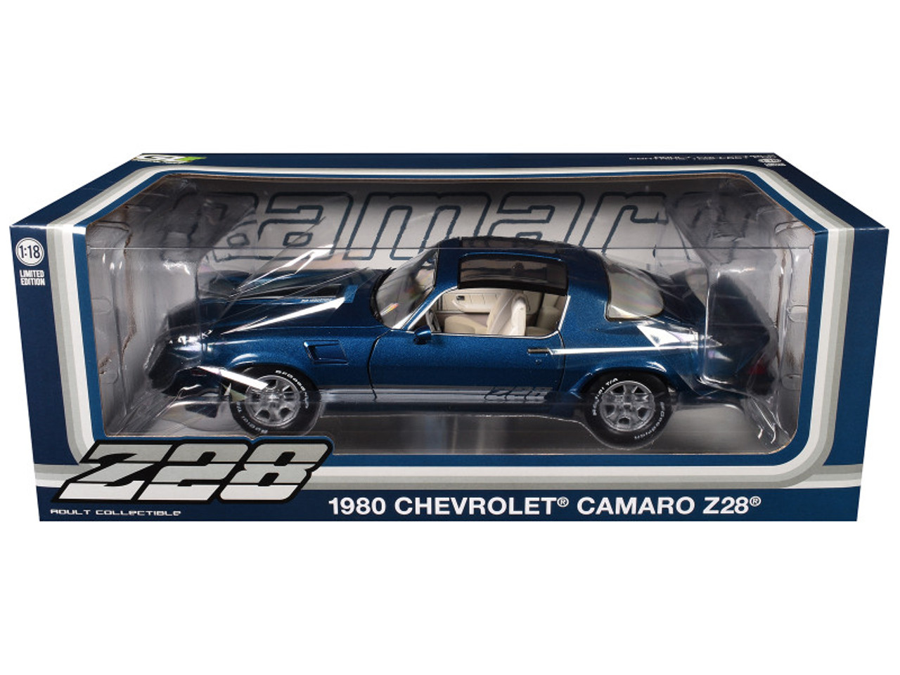 1980 Chevrolet Camaro Z28 with T-Tops Dark Blue Metallic with Stripes and Light Gray Interior 1/18 Diecast Model Car by Greenlight 1980 Chevrolet Camaro Z28 with T-Tops Dark Blue Metallic with Stripes and Light Gray Interior 1/18 Diecast Model Car by Greenlight