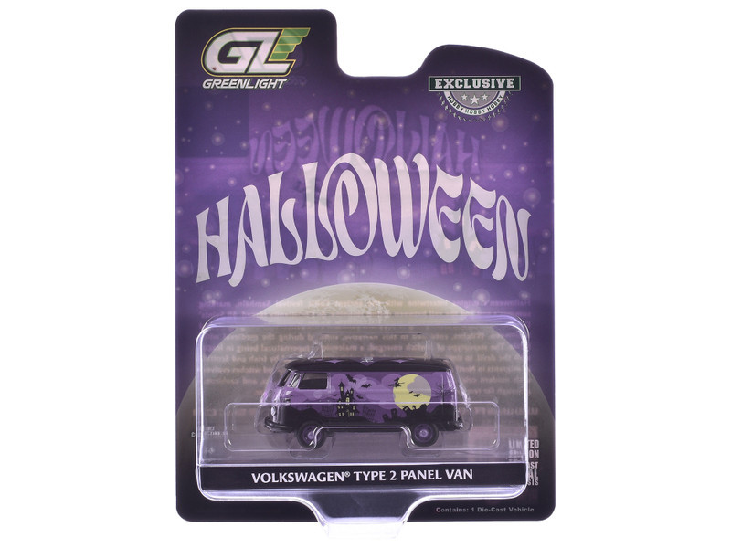 Volkswagen Type 2 Panel Van "Halloween 2025" Black and Purple with Graphics "Hobby Exclusive" Series 1/64 Diecast Model Car by Greenlight