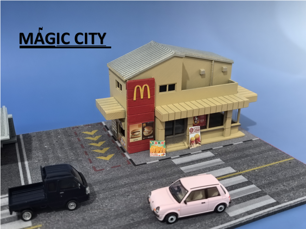 1/64 Magic City Japanese McDonald Store with Parking Lot Diorama with Lights (car models & figures NOT included)