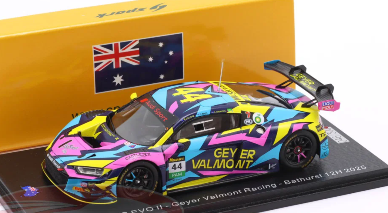 1/43 Spark Audi R8 LMS EVO II No.44 Geyer Valmont Racing Bathurst 12H 2025 S. Andrews - M. Zalloua - S. Pires Car Model